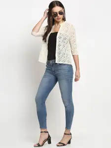 Rute Women Cream-Coloured Self Design Cotton Button Shrug