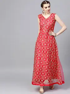 Chhabra 555 Women Red Embroidered Kurta with Skirt & Dupatta