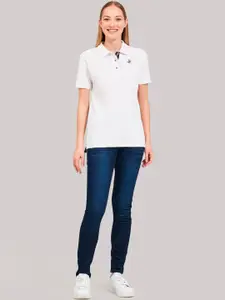 Beverly Hills Polo Club Women White & Red Striped Polo Collar T-shirt
