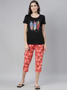 Kryptic Women Black & Orange Printed Night Suit