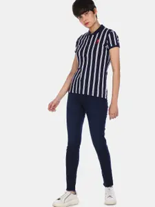 U.S. Polo Assn. Women Blue Striped Round Neck T-shirt