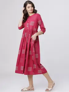 Vishudh Women Pink Printed Fit and Flare Dress