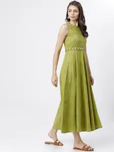 Vishudh Women Olive Green Embroidered Maxi Dress