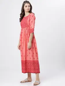 Vishudh Women Coral Pink Printed Ethnic A-Line Dress
