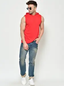 CHKOKKO Men Red Solid Hood Dry Fit Gym T-shirt