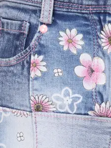 CUTECUMBER Girls Blue Floral Printed Knee-Length Straight Denim Skirt