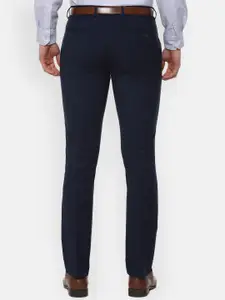 V Dot Men Navy Blue Skinny Fit Self Design Formal Trousers