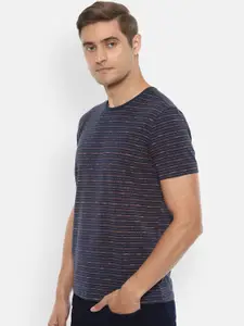 Louis Philippe Jeans Men Navy Blue Striped Round Neck Cotton Pure Cotton T-shirt