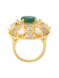 Voylla Gold-Toned Green & Silver-Coloured Zircon Studded Filigree Design Cocktail Ring