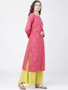 Vishudh Women Pink & Yellow Ethnic Motifs Kurta
