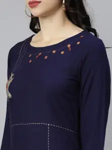 Neerus Women Navy Blue Printed Thread Work Kurta