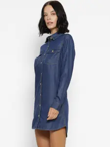 FOREVER 21 Women Blue Solid Denim Mini Shirt Dress