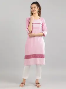 Aurelia Women Pink & White Embroidered Thread Work Cotton Kurta