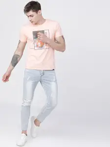 HIGHLANDER Men Peach-Coloured Printed Round Neck T-shirt