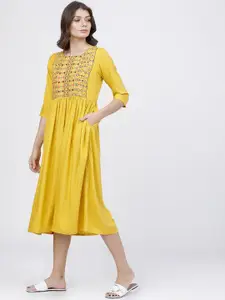 Vishudh Women Mustard Self Design A-Line Dress