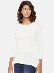 People Women Off-White Solid Boat Neck T-shirt