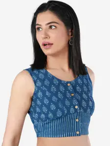 Llajja Women Blue & White Indigo Printed Cotton Saree Blouse