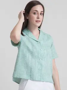 FableStreet Women Green Pure Cotton Self Design Casual Shirt