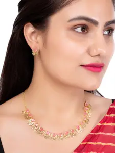 Voylla Gold-Plated Pink Gem-Studded Butterfly Necklace With Earrings