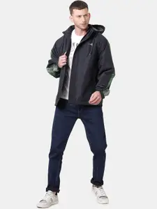 t-base Men Navy Blue & Green Solid Waterproof Rain Jacket
