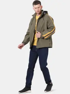 T-base Men Olive & Yellow Solid Waterproof Rain Jacket