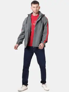 t-base Men Grey & Red Solid Waterproof Rain Jacket