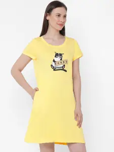 Soie Women Yellow & White Printed Super-Soft Cotton Modal Knee-Length Sleep Shirt