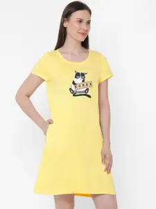 Soie Women Yellow & Black Printed Sleep Shirt