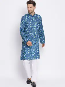 Hangup Men White Floral Angrakha Pure Cotton Kurta with Pyjamas