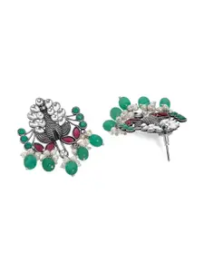 Rubans Oxidised Silver-Plated Kundan with Ruby Studded Peacock Shaped Earrings