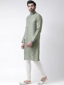 KISAH Men Green Ethnic Motifs Jacquard Mandarin Collar Kurta