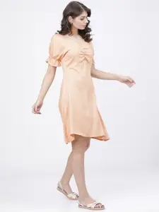 Tokyo Talkies Women Peach-Coloured Solid A-Line Dress with Gathers