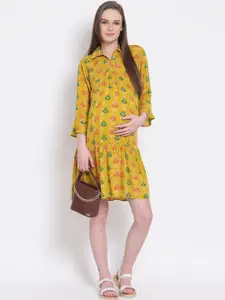 Oxolloxo Women Yellow Printed Shirt Maternity Dress