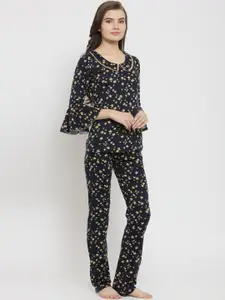 Claura Women Navy Blue & Yellow Printed Cotton Night suit