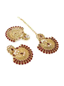 aadita Maroon Gold-Plated Kundan Studded Maang Tika & Earrings Set