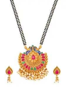 aadita Gold-Plated Black & Pink Meenakari & Pearl-Beaded Mangalsutra With Earrings