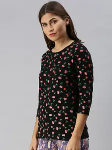 Kryptic Women Black & Pink Cherry Printed Pure Cotton Lounge T-Shirt
