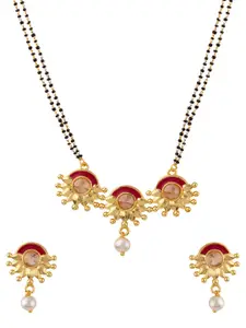 Voylla Maroon & Black Gold-Plated Stone Studded & Beaded Mangalsutra With Earrings