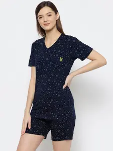 MACK JONNEY Women Blue & Green Printed Cotton Blend Night Suit PRT1_NVY_V_D11_02