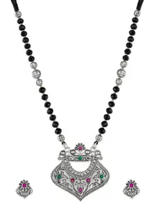 aadita Oxidized Silver-Toned & Black Stone-Studded Tribal Mangalsutra With Earrings