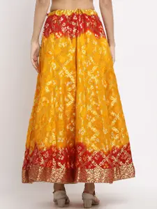 SOUNDARYA Women Mustard Yellow & Red Woven Design Banarasi Flared Maxi Skirt