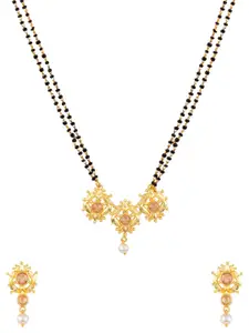 Voylla Black Gold-Plated Stone Studded & Beaded Mangalsutra With Earrings