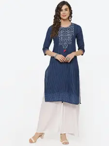 Rangriti Women Navy Blue Floral Embroidered Cotton Kurta