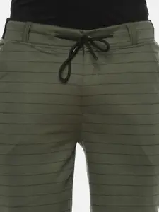 Campus Sutra Men Olive Green Striped Regular Fit Sports Shorts