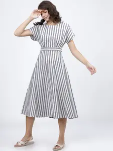 Tokyo Talkies Women Navy Blue & White Striped A-Line Midi Dress