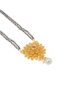 Sukkhi Gold-Plated Black & Red Stone-Studded & Beaded Mangalsutra With Earrings