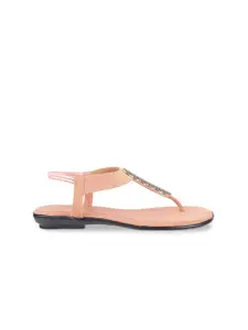 WALKWAY by Metro Women Peach-Coloured Embellished T-Strap Flats