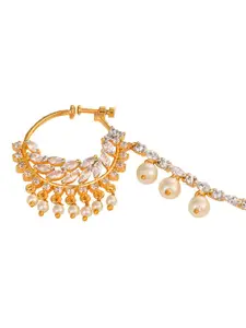 Saraf RS Jewellery Gold-Plated White AD-Studded Pearl Beaded Handcrafted Light Weight Vilandi Nose Ring