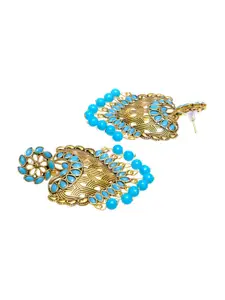 Crunchy Fashion Gold-Plated & Blue Heart Shaped Kundan Dangler Drop Earrings