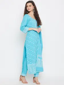 Safaa Blue & White Pure Cotton Woven Design Unstitched Dress Material For Summer